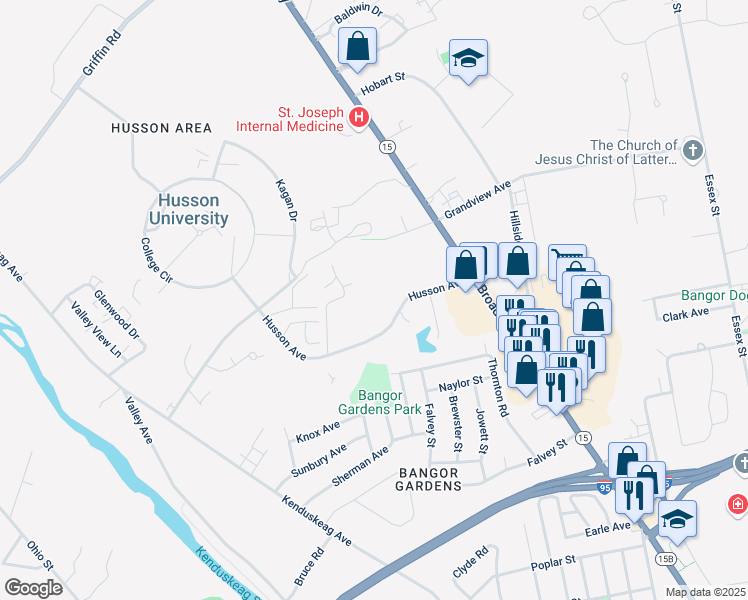 map of restaurants, bars, coffee shops, grocery stores, and more near 302 Husson Avenue in Bangor