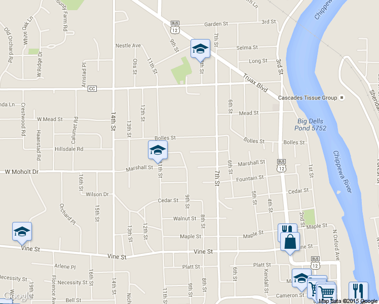 map of restaurants, bars, coffee shops, grocery stores, and more near 899 Gilbert Street in Eau Claire