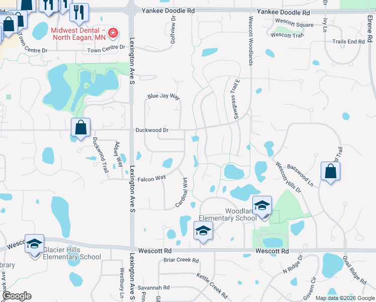 map of restaurants, bars, coffee shops, grocery stores, and more near 3640 Falcon Way in Eagan