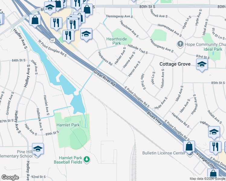 map of restaurants, bars, coffee shops, grocery stores, and more near 7615-8293 W Point Douglas Road South in Cottage Grove