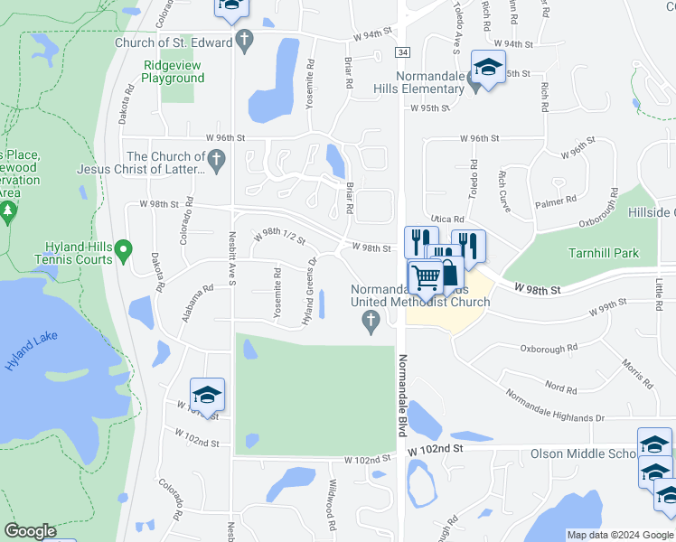 map of restaurants, bars, coffee shops, grocery stores, and more near 9910 Briar Road in Bloomington