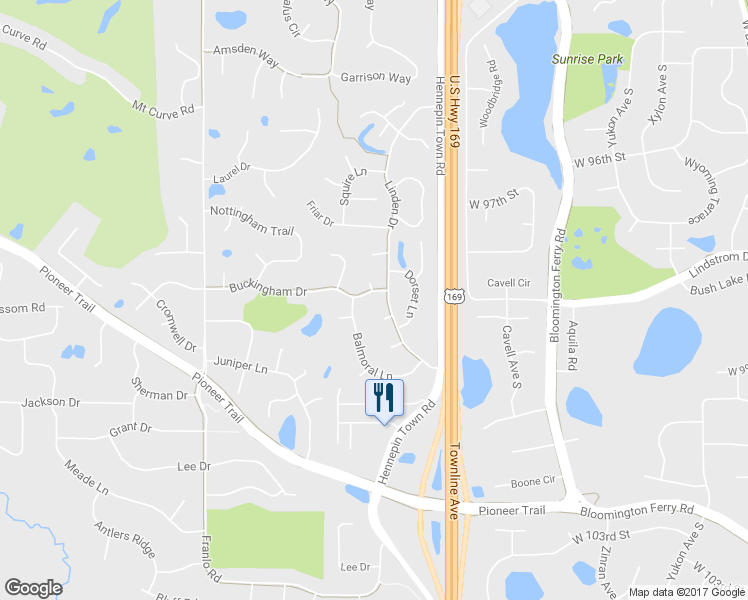 map of restaurants, bars, coffee shops, grocery stores, and more near 9695 Buckingham Drive in Eden Prairie