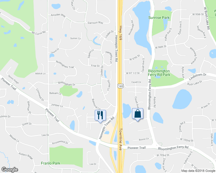 map of restaurants, bars, coffee shops, grocery stores, and more near 9754 Dorset Lane in Eden Prairie