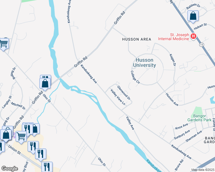 map of restaurants, bars, coffee shops, grocery stores, and more near 70 Valley View Lane in Bangor