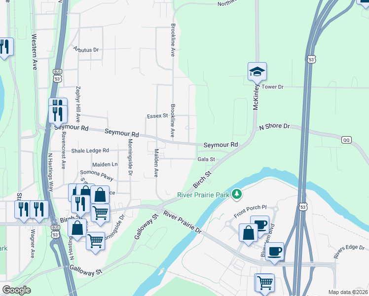 map of restaurants, bars, coffee shops, grocery stores, and more near 3214b Gala Street in Eau Claire