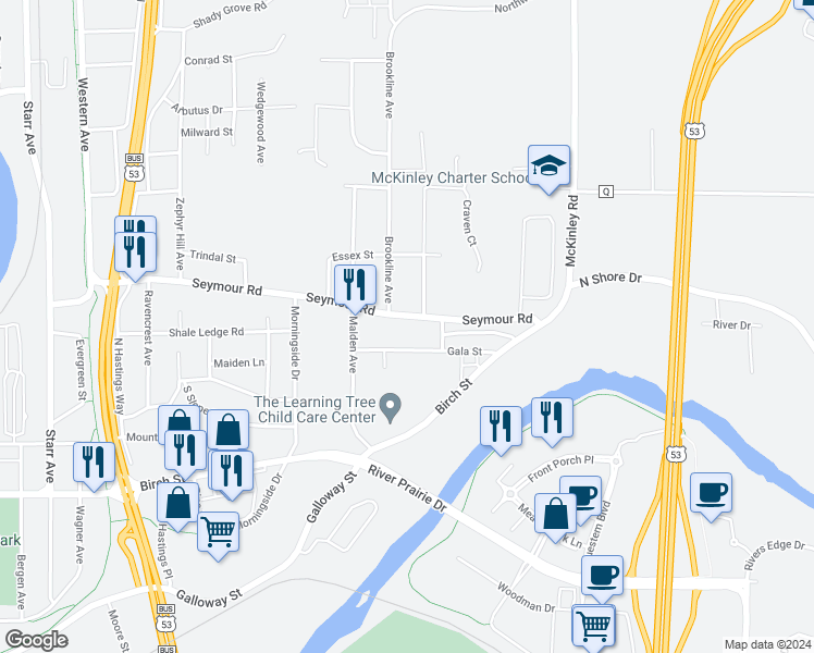 map of restaurants, bars, coffee shops, grocery stores, and more near 3214b Gala Street in Eau Claire