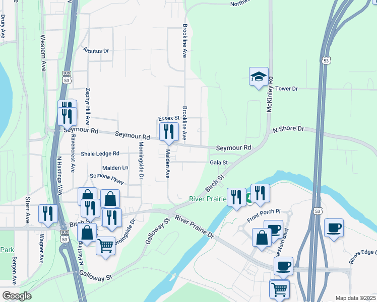 map of restaurants, bars, coffee shops, grocery stores, and more near 3120 Gala Street in Eau Claire