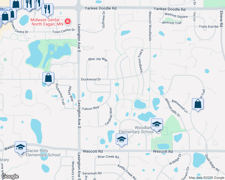 map of restaurants, bars, coffee shops, grocery stores, and more near 3640 Falcon Way in Eagan