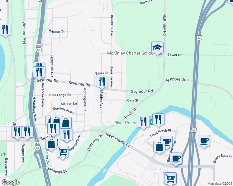 map of restaurants, bars, coffee shops, grocery stores, and more near 3215 Seymour Road in Eau Claire