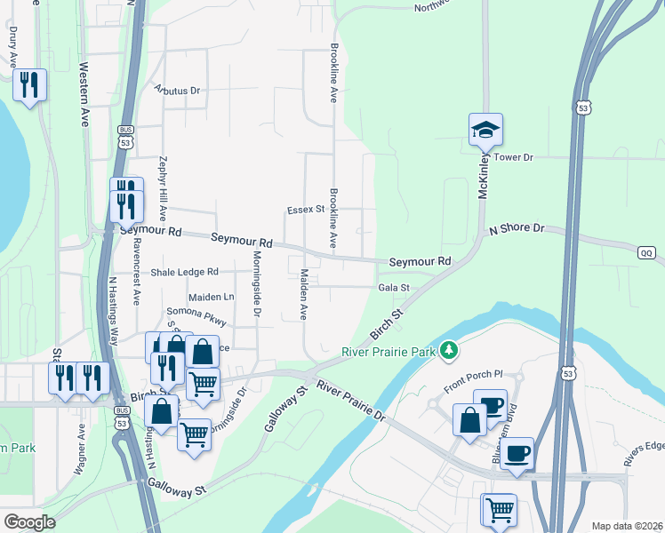 map of restaurants, bars, coffee shops, grocery stores, and more near 3120 Gala Street in Eau Claire