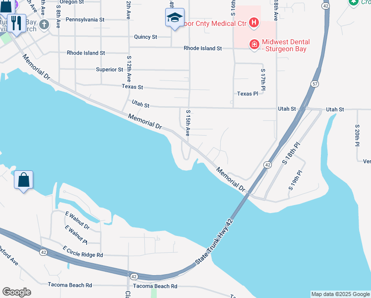 map of restaurants, bars, coffee shops, grocery stores, and more near 23 Utopia Circle in Sturgeon Bay