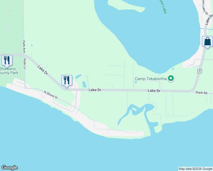 map of restaurants, bars, coffee shops, grocery stores, and more near W5476 Lake Drive in Shawano