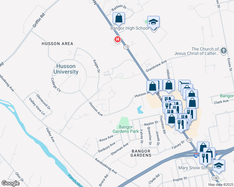 map of restaurants, bars, coffee shops, grocery stores, and more near 87 Fieldstone Drive in Bangor