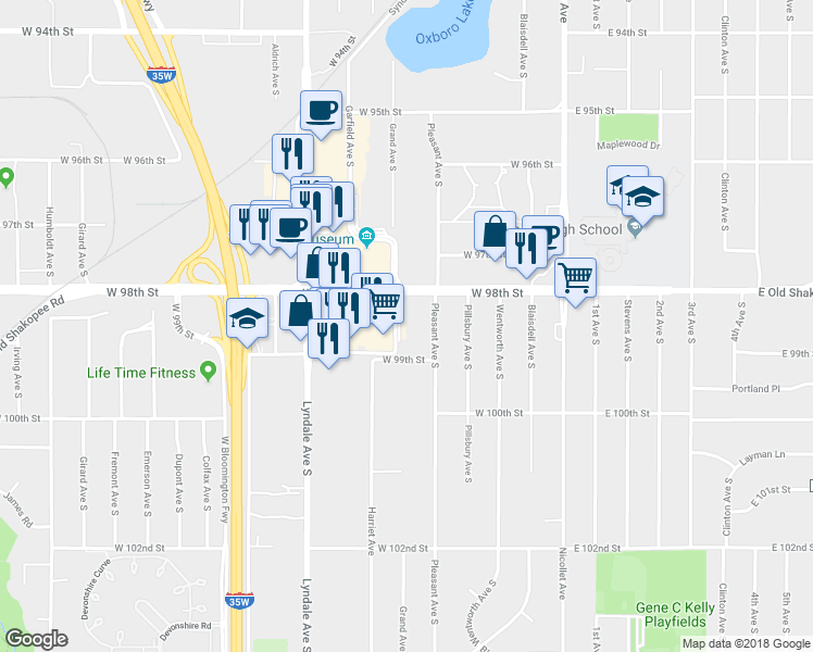 map of restaurants, bars, coffee shops, grocery stores, and more near 325 West Old Shakopee Road in Bloomington