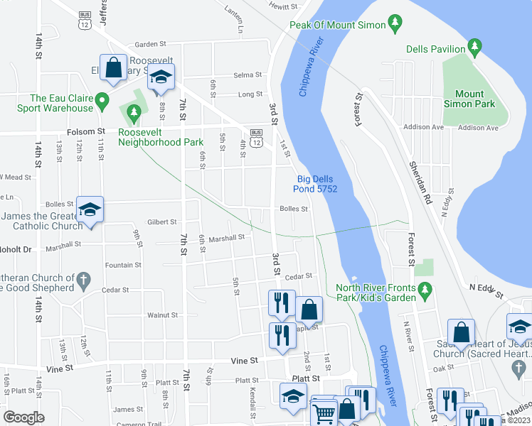 map of restaurants, bars, coffee shops, grocery stores, and more near 2632 3rd Street in Eau Claire