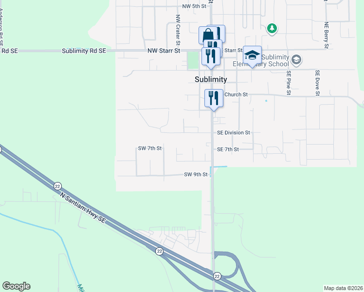 map of restaurants, bars, coffee shops, grocery stores, and more near 348 Southwest Division Street in Sublimity