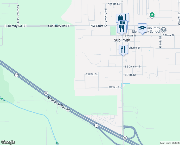 map of restaurants, bars, coffee shops, grocery stores, and more near 611 Southwest 7th Street in Sublimity