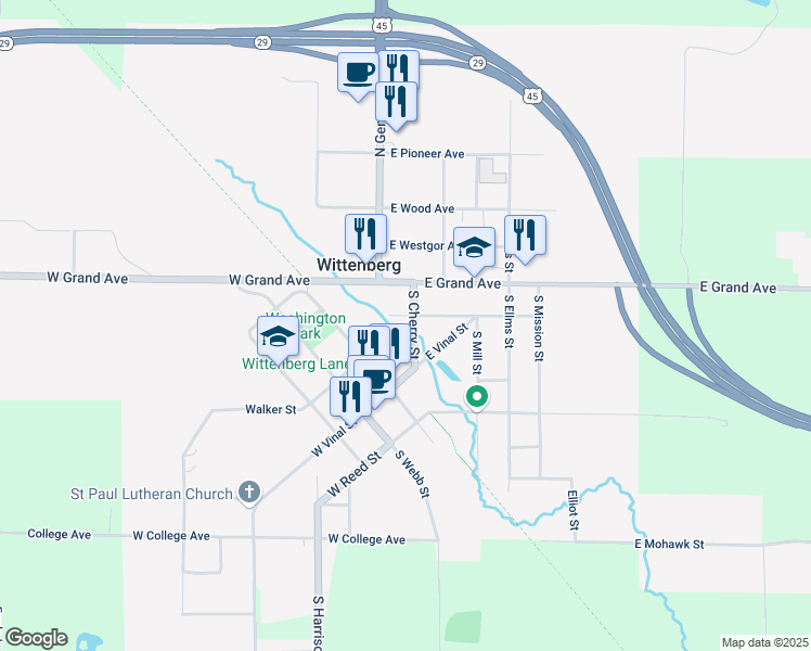 map of restaurants, bars, coffee shops, grocery stores, and more near 107 South Cherry Street in Wittenberg