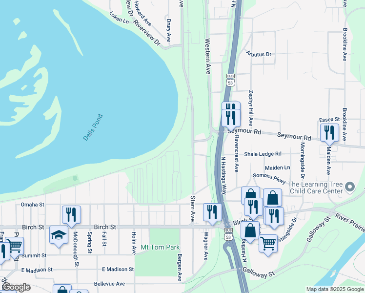 map of restaurants, bars, coffee shops, grocery stores, and more near 1000 Starr Avenue in Eau Claire