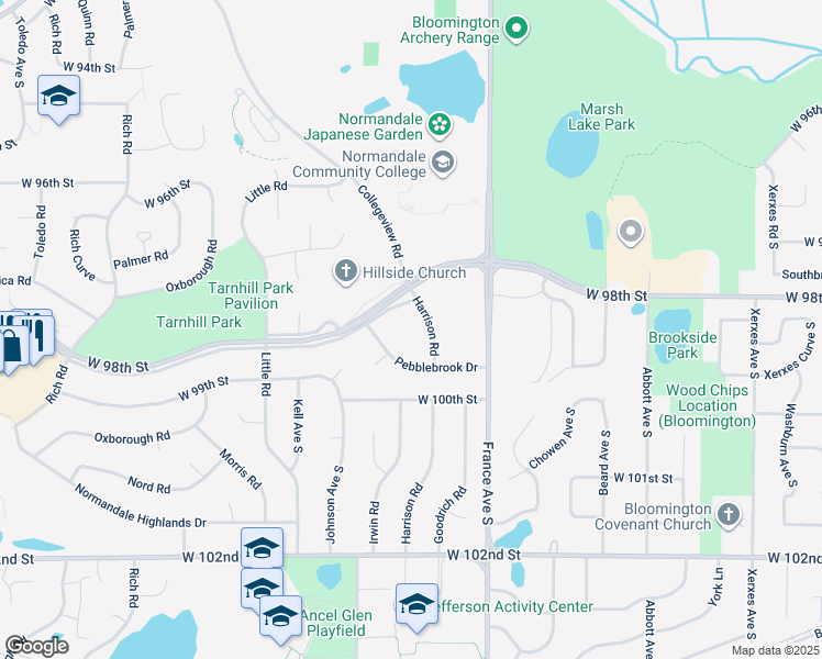 map of restaurants, bars, coffee shops, grocery stores, and more near 4101 West 98th Street in Bloomington