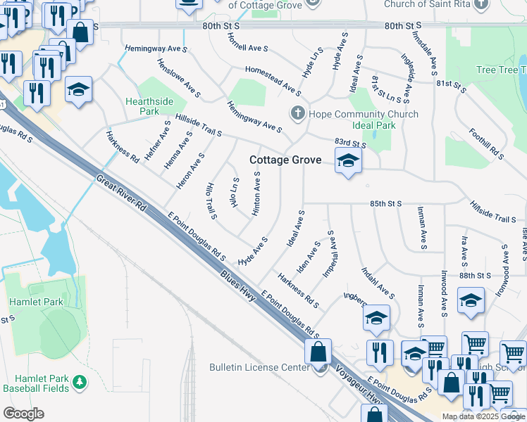 map of restaurants, bars, coffee shops, grocery stores, and more near 8504 Hyde Avenue South in Cottage Grove