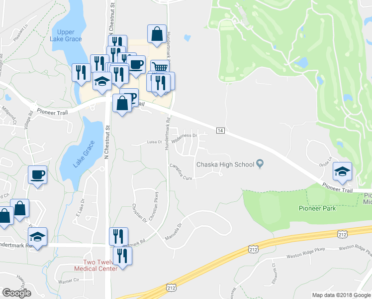 map of restaurants, bars, coffee shops, grocery stores, and more near 2723 Wagon Wheel Curve in Chaska