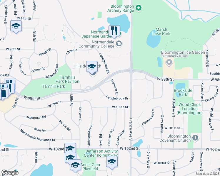 map of restaurants, bars, coffee shops, grocery stores, and more near 4101 West 98th Street in Bloomington