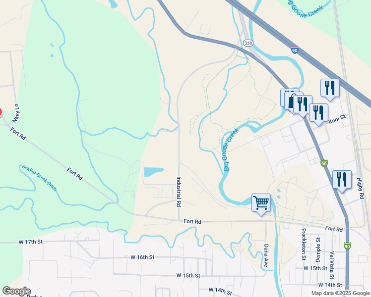 map of restaurants, bars, coffee shops, grocery stores, and more near 2264 Industrial Road in Sheridan