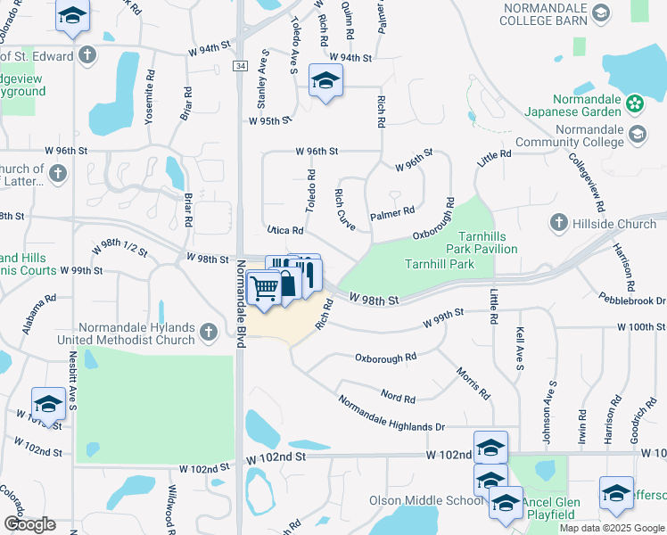map of restaurants, bars, coffee shops, grocery stores, and more near 5200 West 98th Street in Bloomington