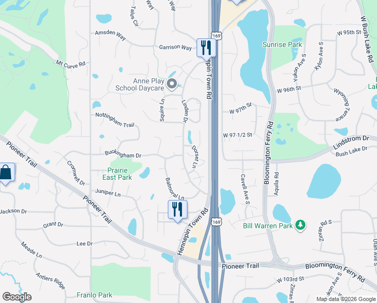 map of restaurants, bars, coffee shops, grocery stores, and more near 9744 Dorset Lane in Eden Prairie
