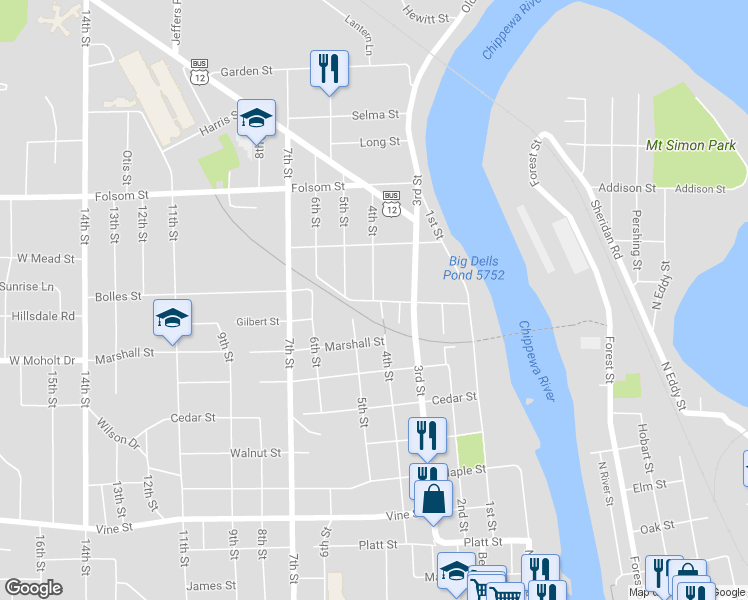map of restaurants, bars, coffee shops, grocery stores, and more near Bolles St & 4th St in Eau Claire