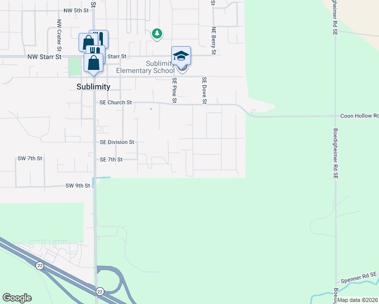 map of restaurants, bars, coffee shops, grocery stores, and more near 500 Southeast Division Street in Sublimity