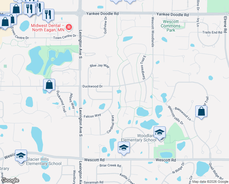 map of restaurants, bars, coffee shops, grocery stores, and more near 1039 Hummingbird Lane in Eagan