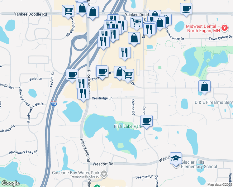 map of restaurants, bars, coffee shops, grocery stores, and more near 1345 Crestridge Lane in Eagan