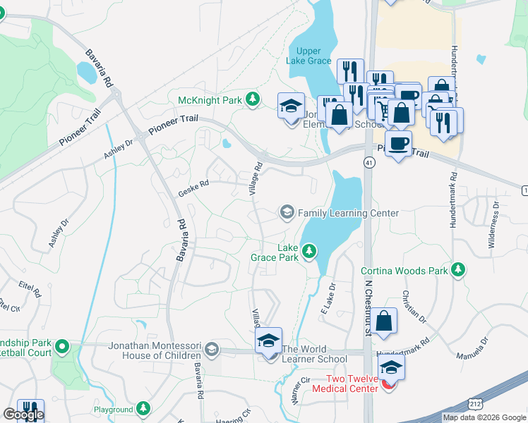 map of restaurants, bars, coffee shops, grocery stores, and more near 110690 Village Road in Chaska
