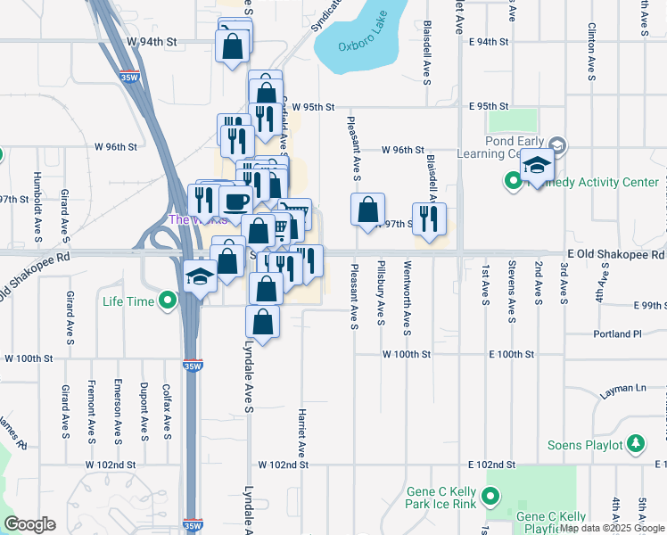 map of restaurants, bars, coffee shops, grocery stores, and more near 325 West Old Shakopee Road in Bloomington