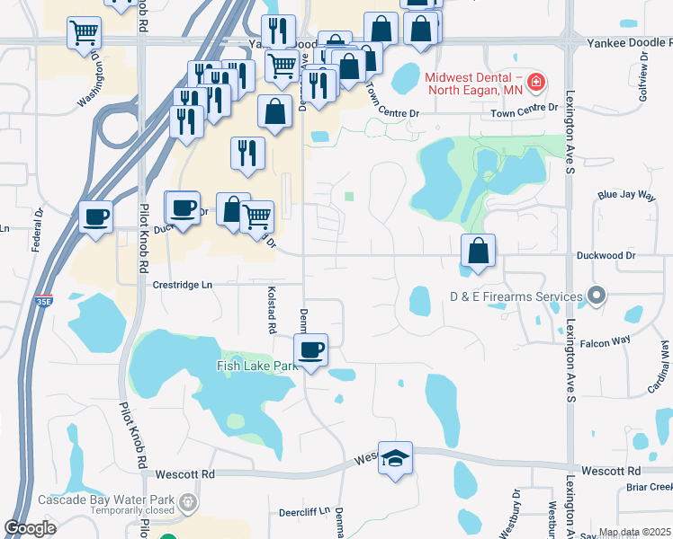 map of restaurants, bars, coffee shops, grocery stores, and more near 1252 Duckwood Drive in Eagan