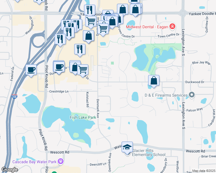 map of restaurants, bars, coffee shops, grocery stores, and more near 3601-3699 Crossroad Court in Eagan