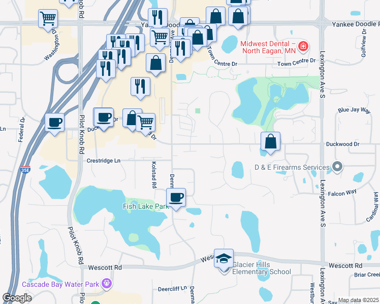 map of restaurants, bars, coffee shops, grocery stores, and more near 3601-3699 Crossroad Court in Eagan