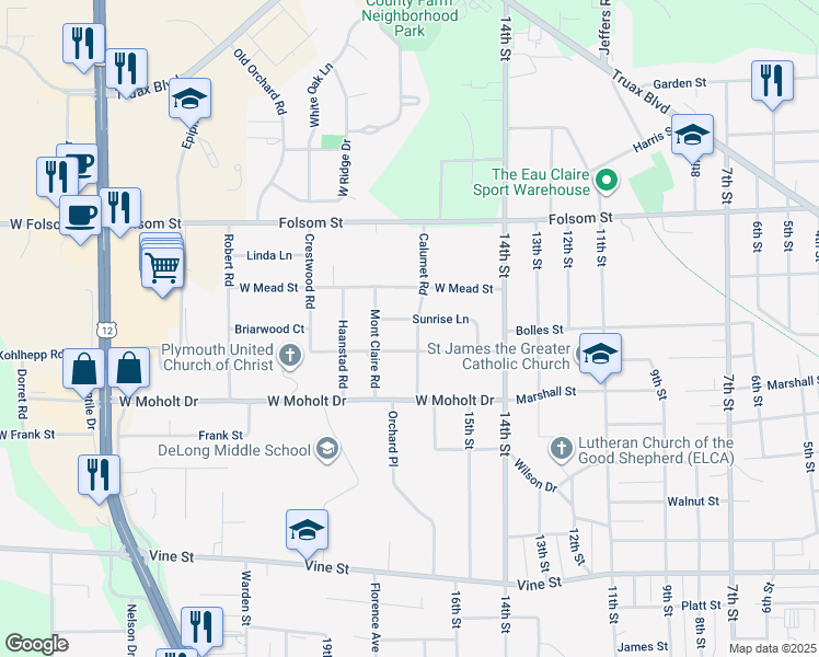 map of restaurants, bars, coffee shops, grocery stores, and more near 1613 Sunrise Lane in Eau Claire