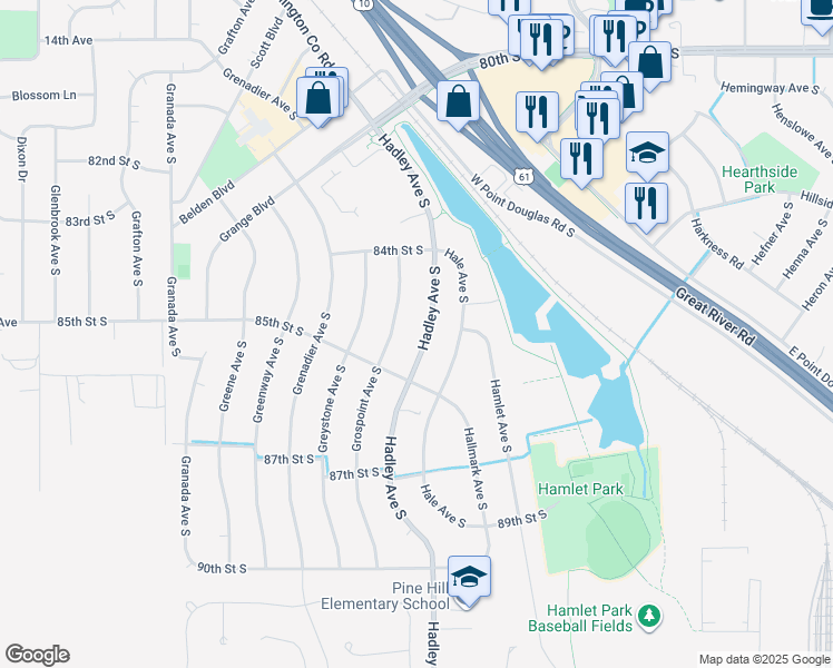 map of restaurants, bars, coffee shops, grocery stores, and more near 8493 Grospoint Avenue South in Cottage Grove