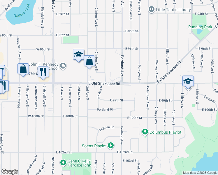 map of restaurants, bars, coffee shops, grocery stores, and more near 417 East 98th Street in Bloomington
