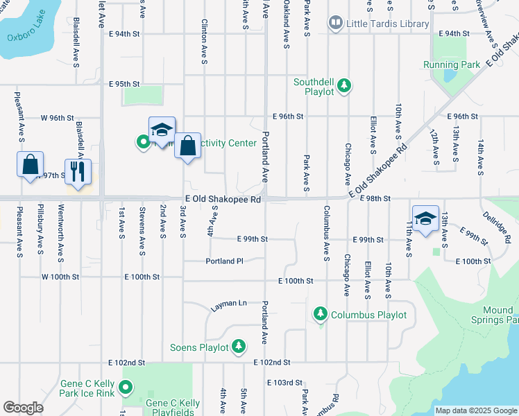 map of restaurants, bars, coffee shops, grocery stores, and more near 537 East 98th Street in Bloomington
