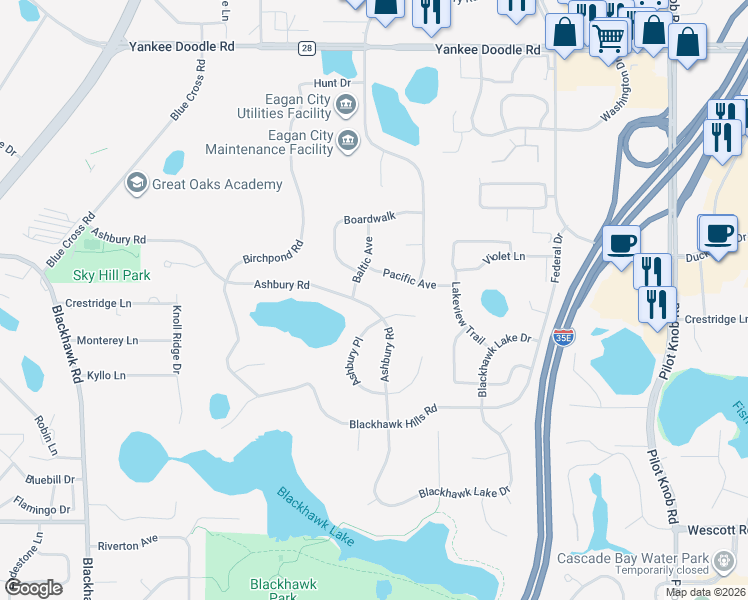 map of restaurants, bars, coffee shops, grocery stores, and more near 3644 Ashbury Road in Eagan