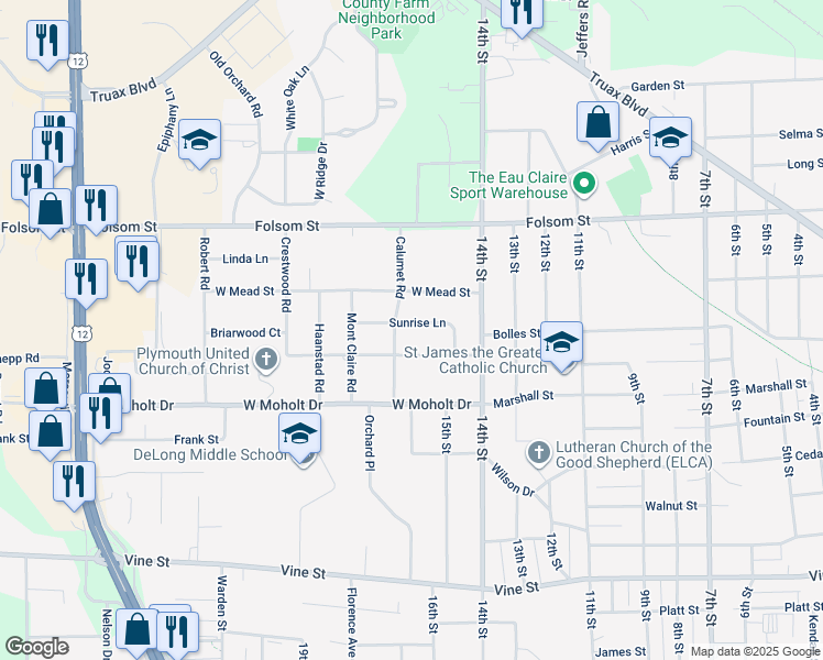 map of restaurants, bars, coffee shops, grocery stores, and more near 1613 Sunrise Lane in Eau Claire