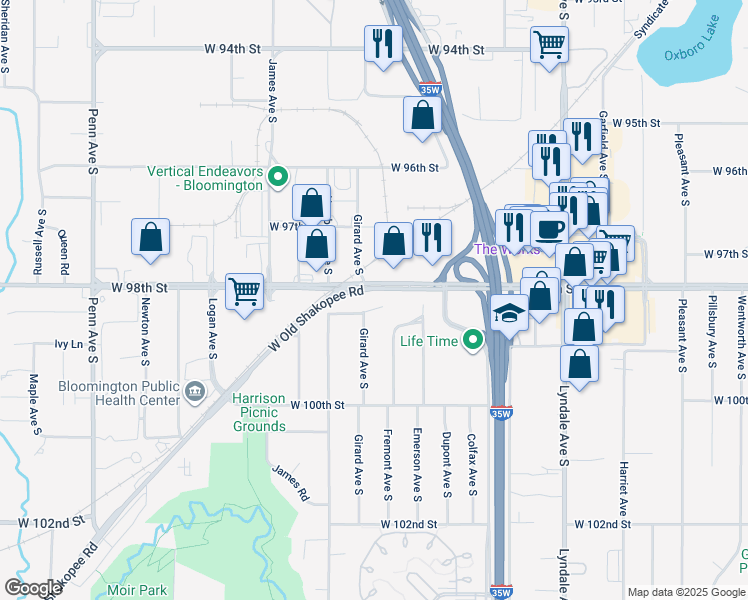map of restaurants, bars, coffee shops, grocery stores, and more near 9803 Girard Circle in Minneapolis