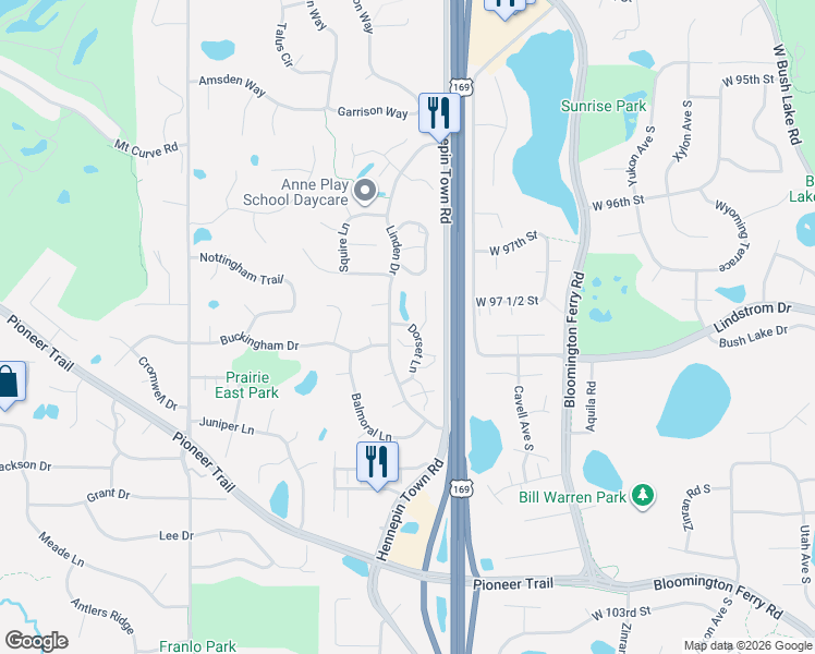 map of restaurants, bars, coffee shops, grocery stores, and more near 9744 Dorset Lane in Eden Prairie