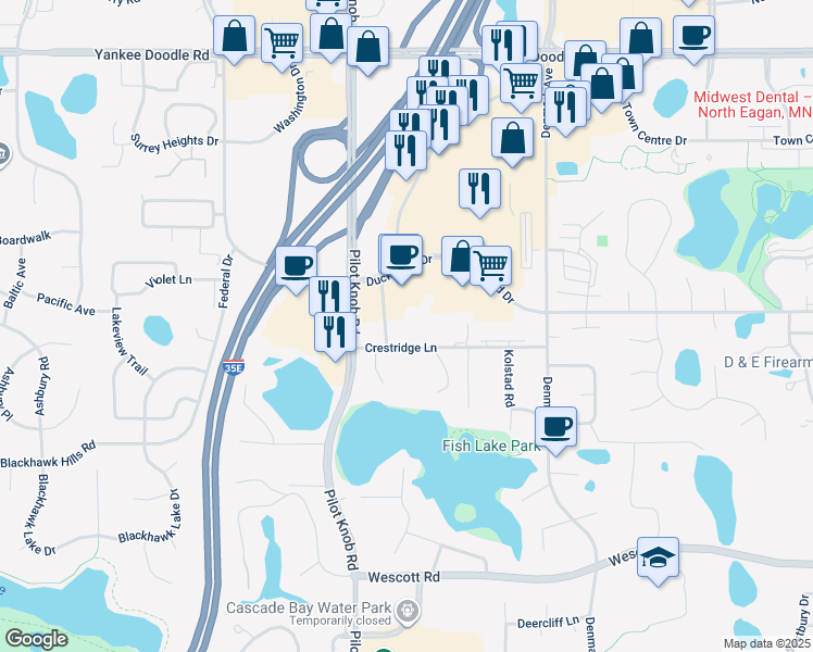 map of restaurants, bars, coffee shops, grocery stores, and more near 1365 Crestridge Lane in Eagan