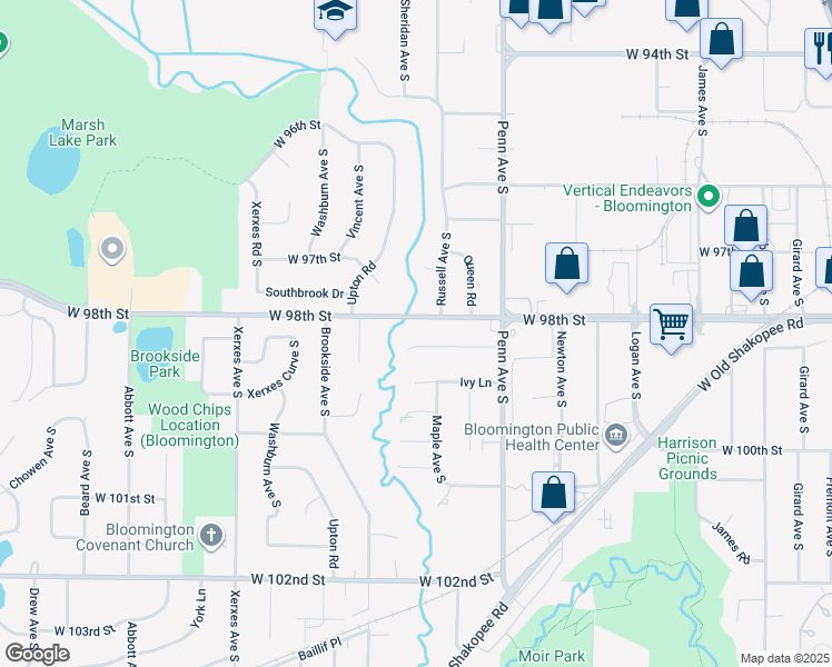 map of restaurants, bars, coffee shops, grocery stores, and more near 2431 West 98th Street in Minneapolis