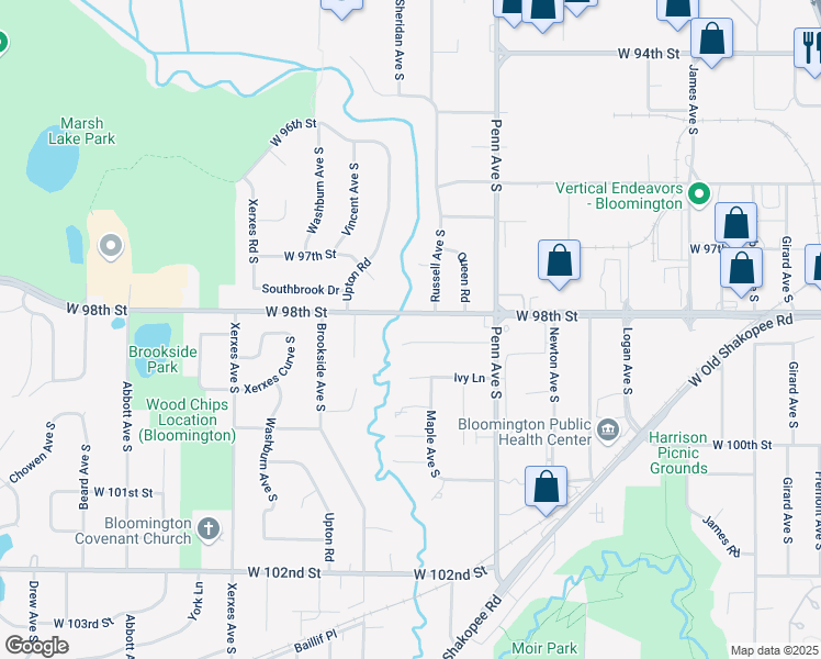 map of restaurants, bars, coffee shops, grocery stores, and more near 2431 West 98th Street in Minneapolis